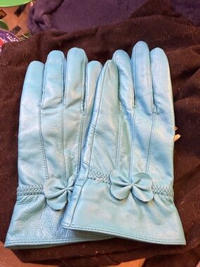 Leather Bow Detail Women's Gloves - Blue